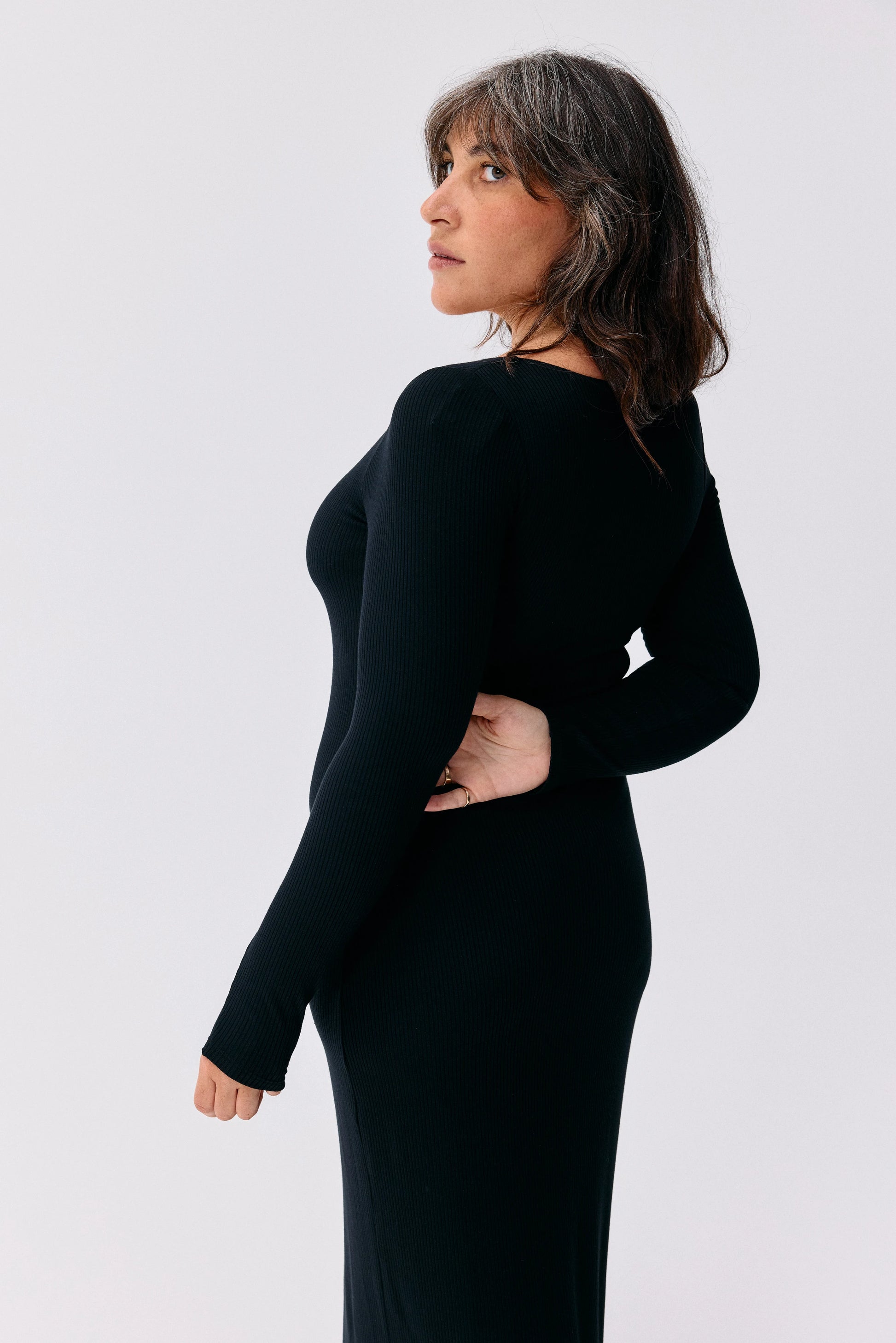 Robe Ambre noir Maline Bodywear, vue de profil, collection Seconde Nature