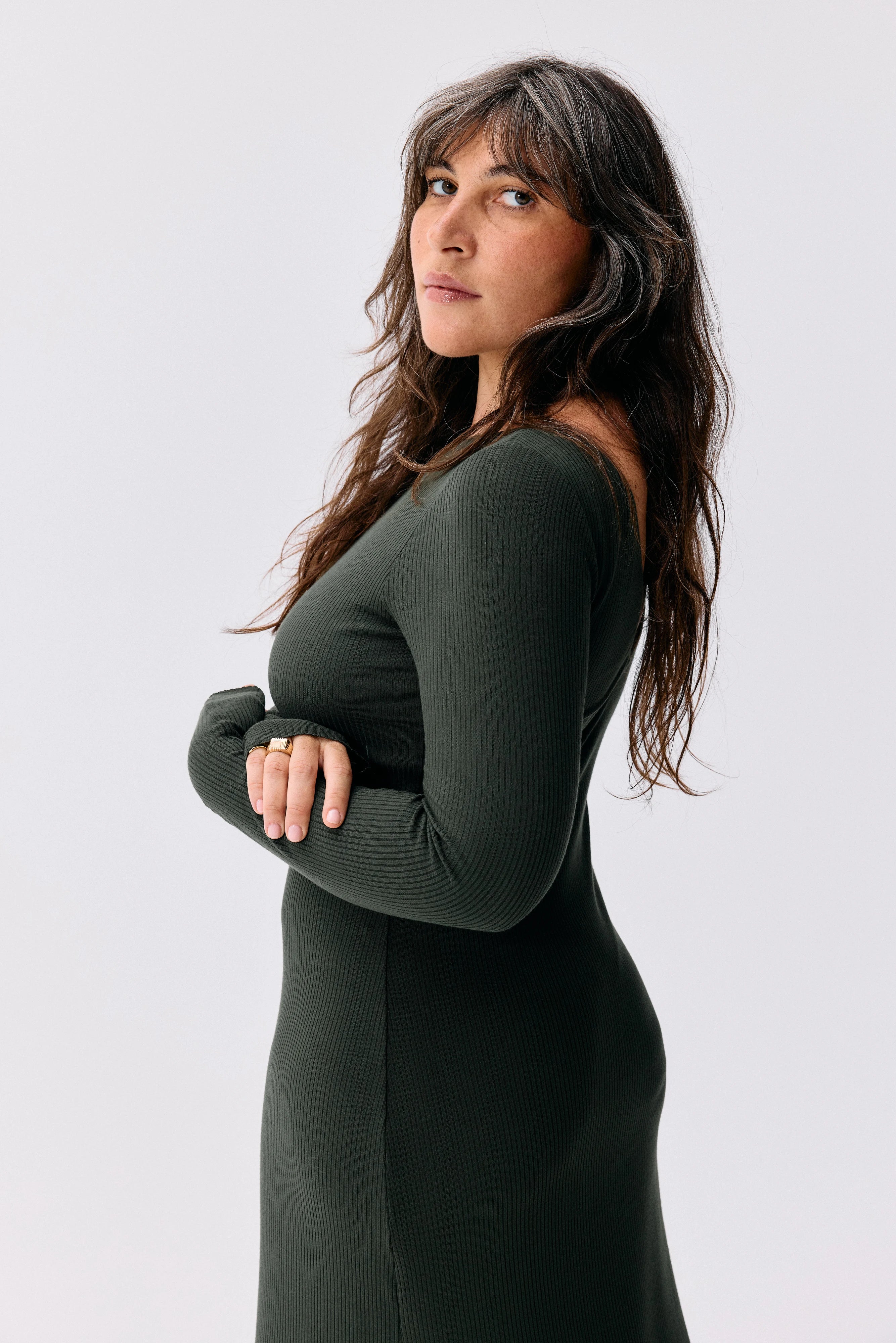 Robe Ambre vert sylve Maline Bodywear, vue de profil, collection Seconde Nature
