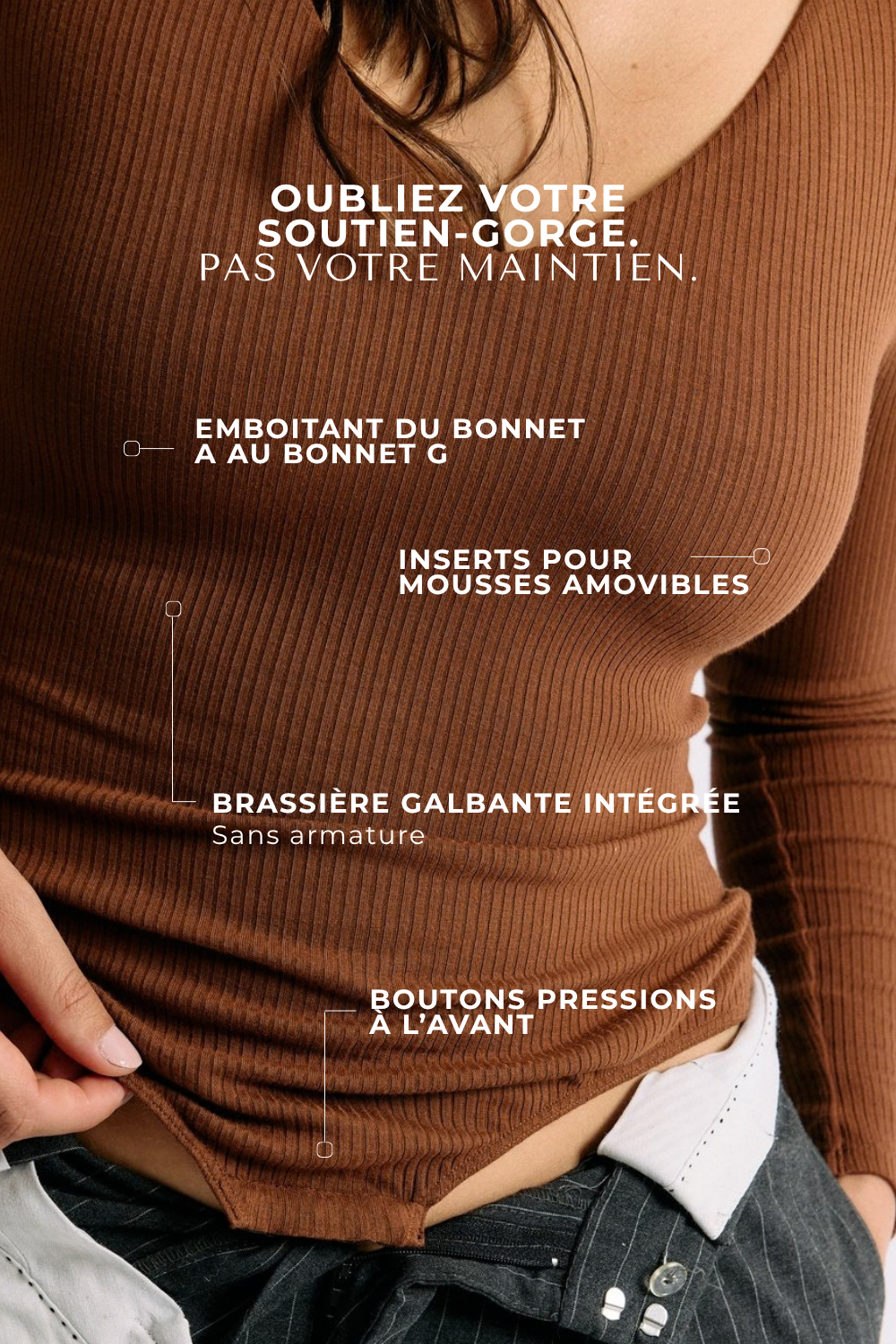 Body Céline cannelle Maline Bodywear, vue de face collection seconde nature focus maintien et brassière intégrée