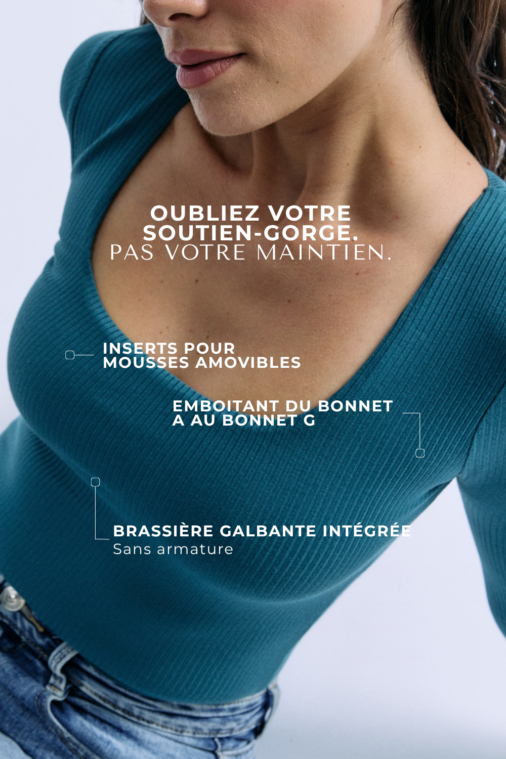 Top Isaure bleu lagon Maline Bodywear, vue de 3/4 collection Seconde Nature focus maintien et brassière intégrée