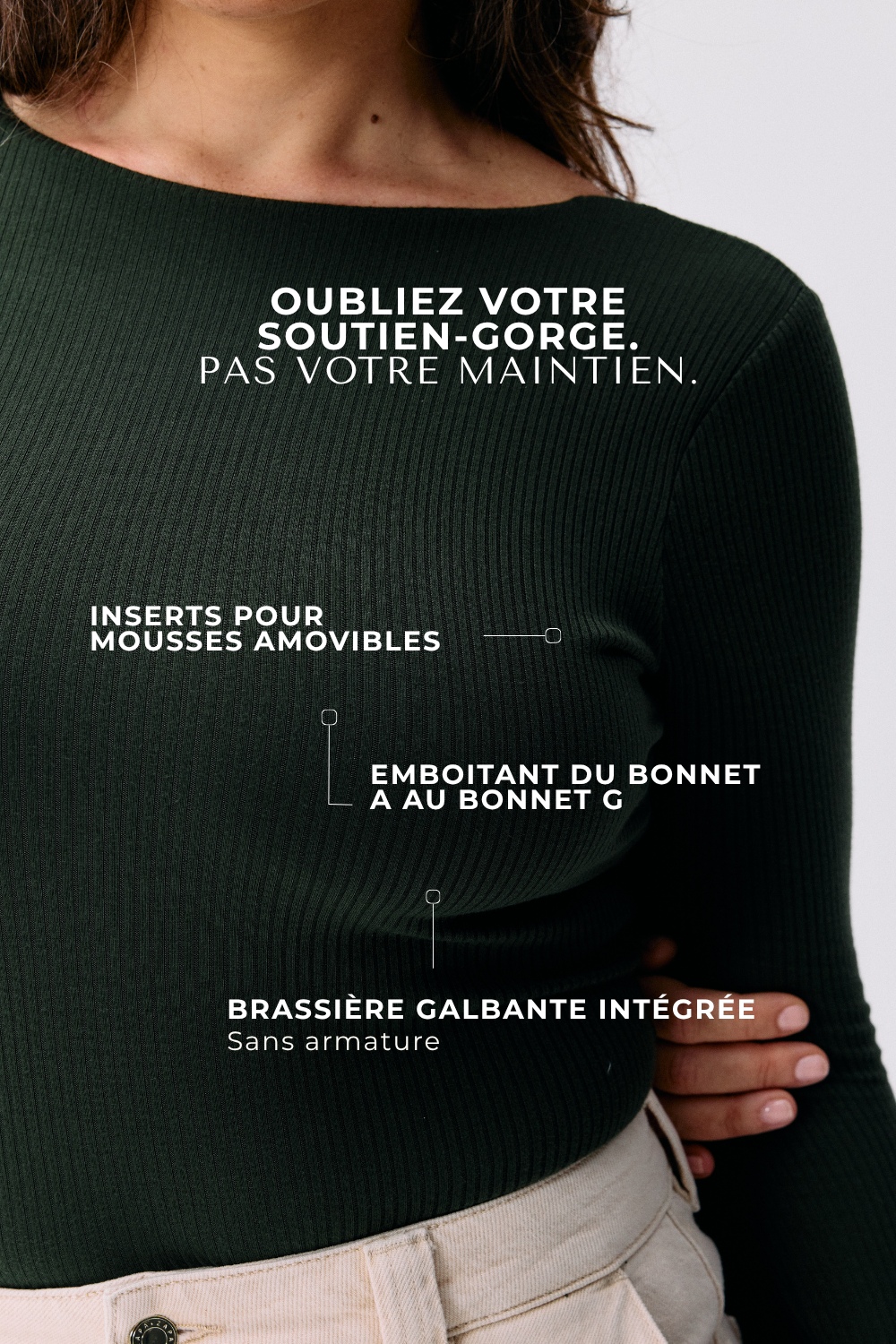 Top Isaure vert sylve Maline Bodywear, vue de face collection Seconde Nature, focus maintien et brassière intégrée