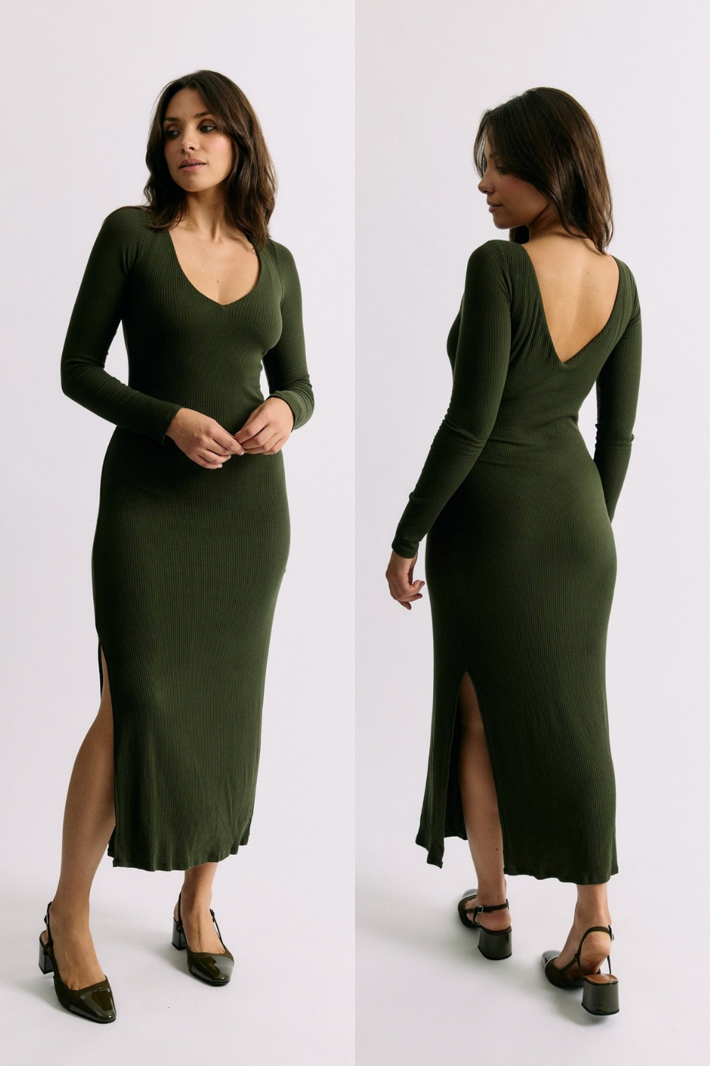 Robe Ambre vert sylve Maline Bodywear, 2 décolletés, collection Seconde Nature