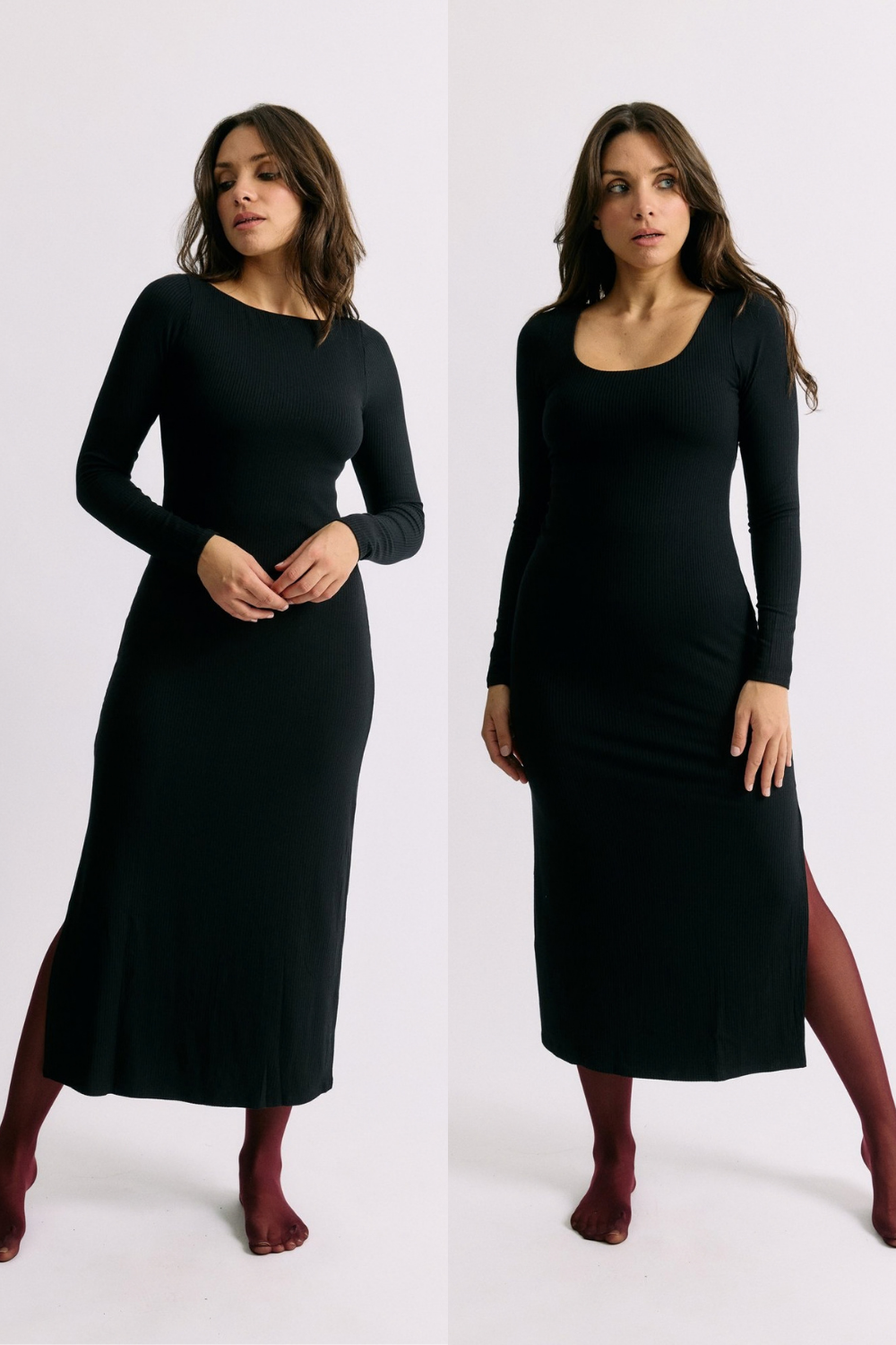 Robe Selene noire Maline Bodywear, vue de face double décolleté collection seconde nature